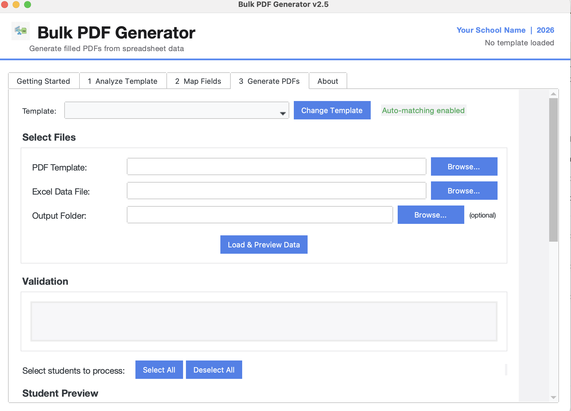 Bulk PDF Generator — Analyse Template tab showing PDF field detection